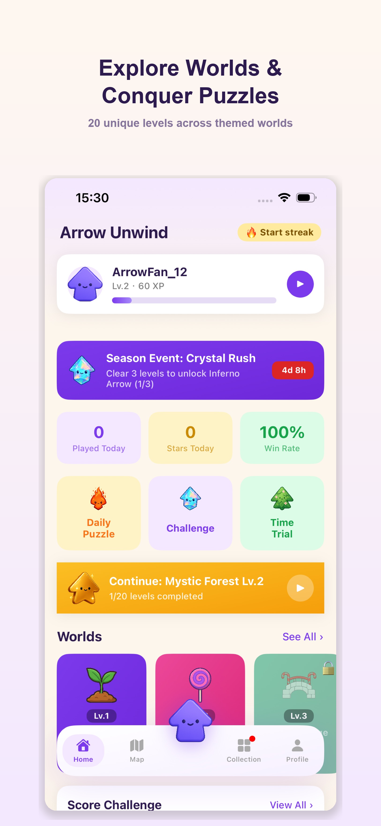 Arrow Unwind home hub with daily puzzle, challenge modes, and world map