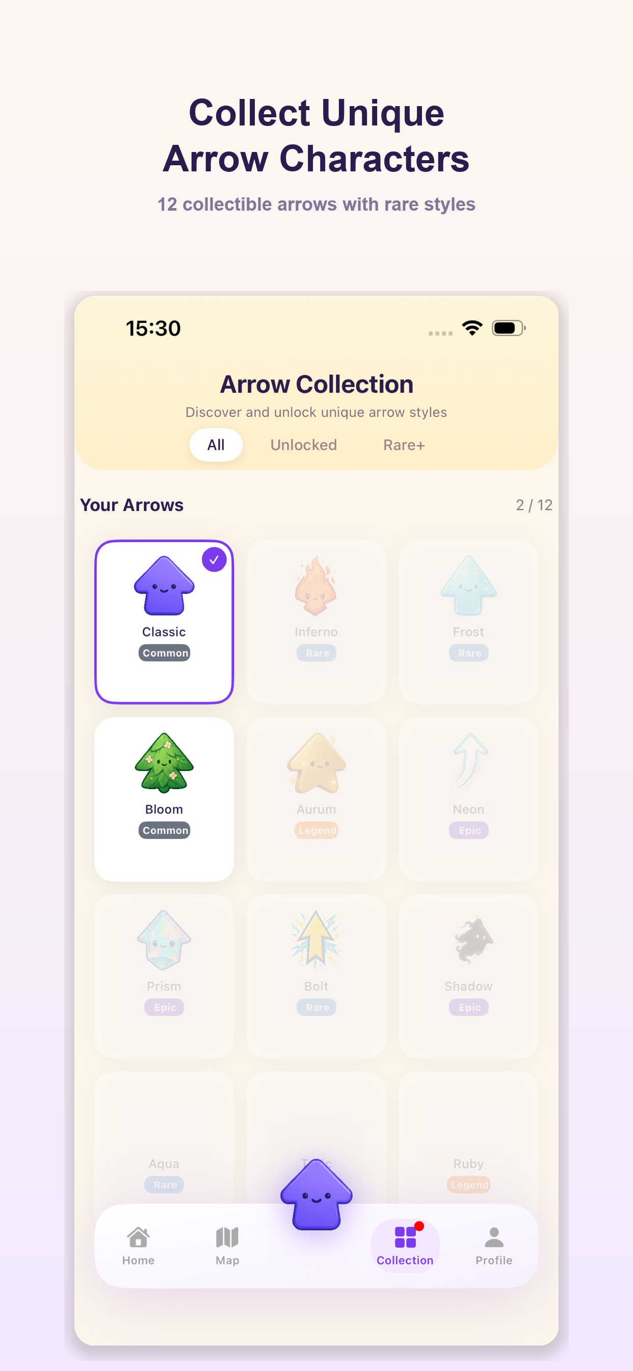 Arrow Collection screen showing collectible arrow characters with rarity tags